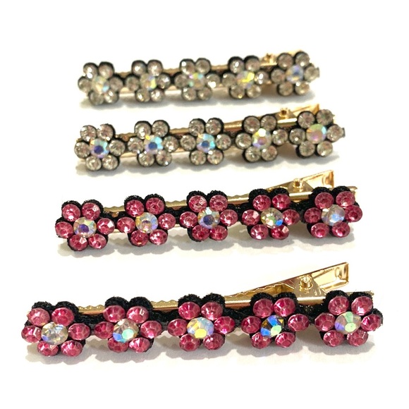 Hair Clips Clear And Pink Rhinestone Flowers Gold Tone Set Of 4 - Picture 2 of 4